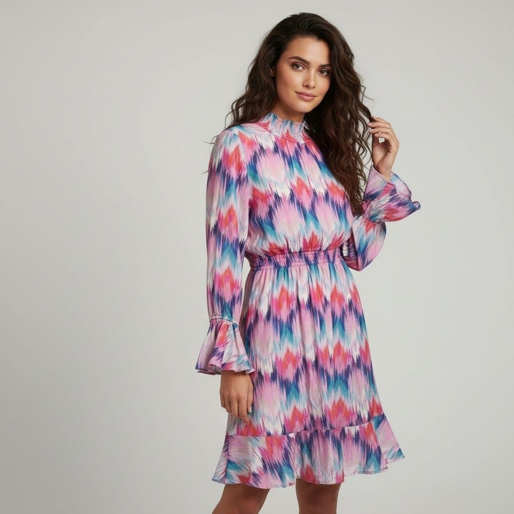 Ranna Gill High Neck Dress Pink Blue Abstract Ikat Smocked Ruffle Mini Med NEW